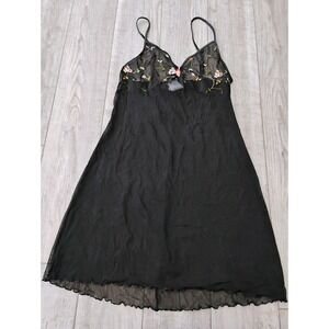 VTG Black Lace Sheer Nightie Babydoll‎ Chemise Flowers Floral California Dynasty